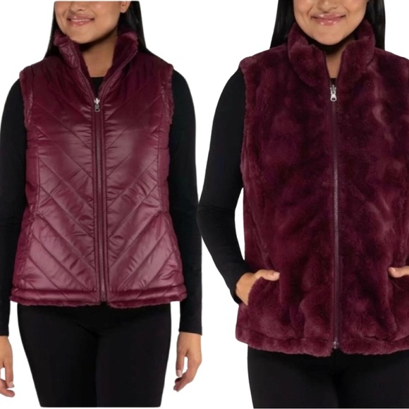Nicole Miller Jackets & Blazers - Nicole Miller Wine Reversible Faux Fur Plush Sleeveless Vest